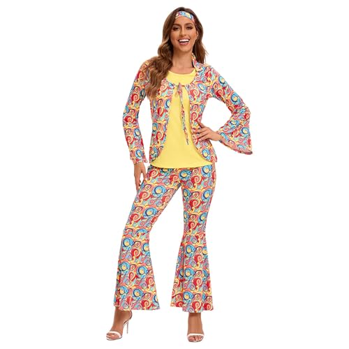 Nadunje Hippie Kostüm Damen 60er 70er Jahre Outfit Damen Kostüm Damen Flower Kleidung Damen Elegant Oberteil mit Ausgestellten Ärmeln Schlaghose Hippie Damen Haarband Hippie Karneval Kostüm Damen von Nadunje