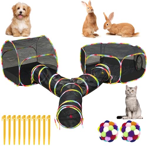 Naielfopet Outdoor Katzengehege Spielplatz mit Spielball, 3-in-1 tragbarer Katzenlaufstall für Indoor-Katzenzelt geschlossen, inklusive 3-Wege-Katzentunnel + 1 Zelt + 1 Spielhaus, Catio Katzengehege von Naielfopet