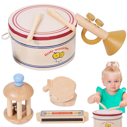 5pcs/Set Baby Instrumente pädagogische hölzerne musikalische Instrumente für Kleinkinder umfassen Trommel, Rassel, Trompete, Mundharmonika & Castanets, Musikspielzeug für Zuhause, Vorschule, Babygesc von Naisicatar