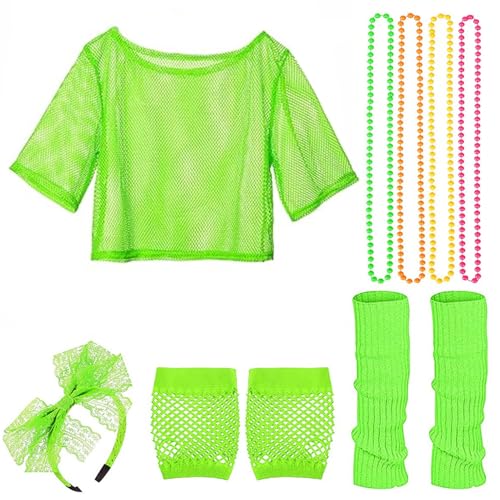 80er -Jahre -Outfits, 80er Jahre Kleid für Frauen umfassen Fishet -Top, Stirnband, Halskette, Handschuhe und Beinwärmer, 80er -Jahre -Neon -Party -Kostüm -Outfits für die 80er -Jahre -Party, hellgrün von Naisicatar