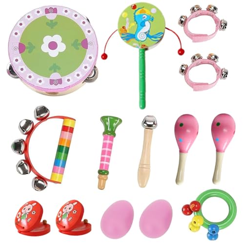 Naisicatar 13pcs/Set hölzernes Kleinkind-Musikinstrumente mit Trommeln Tamburines und sensorischere Baby-Musikinstrumente für Jungen und Mädchen 1-3, zufällige Farbe von Naisicatar