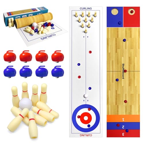 4 in 1 Tabletop Brettspiel Set, Shuffleboard Tabelletop Spiele,Shuffleboard Bowling Curling Cornhole Spiel, Interaktive Tabletop Brettspiele Ideal für Schule, Haus, Büro, Party von Naissgo