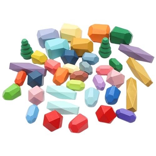 Nankoyal Stapelsteine aus Holz zum Sortieren von Steinen, Stapelblöcke aus Holz - 38-teiliges sensorisches Bausteine-Spiel für Kinder | Bunte polyedrische Lernbausteine für und Mädchen im Alter von Nankoyal