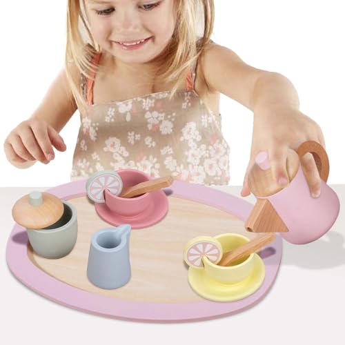 Nankoyal Tee -Set, Kinder Nachmittagstee Set - Hölzerne Teekannenbecher Löffel Kuchen Time Playset Partys Set | Handübungsspielzeug, Nachmittag von Nankoyal