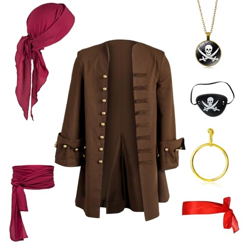 Nasfotim Herren Mittelalter Piratenjacke Steampunk Mantel Kapitän Erwachsene Halloween Cosplay Kostüm (3XL, Set 1) von Nasfotim