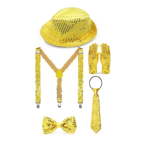 Nasliana 5 StückPailletten Kostüm Herren und Damen,Jazz Dance Performance Hippie Accessories Pailletten Set,Pailletten Hosenträger und Fliege Glitzer Silvester Outfit,Karneval Mottoparty Kostüm Outfit von Nasliana