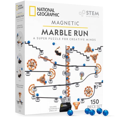 NATIONAL GEOGRAPHIC Magnetischer Murmelbahn-Set - 150-teiliges MINT-Bauset für Kinder, Erwachsene mit Magnetstrecke, Trickstücken & Murmeln für einen Murmel-Labyrinth auf jeder magnetischen Oberfläche von Blue Marble