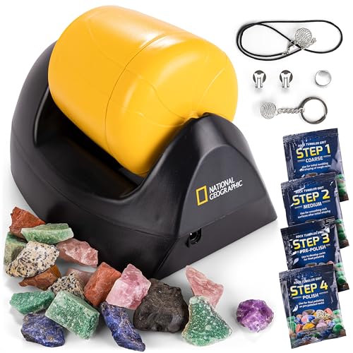 NATIONAL GEOGRAPHIC Starter Rock Metall, gummierter Schaft Tumbler Kit - Komplettes Steinpolierer-Set, langlebiger, auslaufsicherer Becher, 227 Gramm Steine, Körnung, 5 Schmuckverschlüsse von Blue Marble