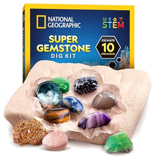 NATIONAL GEOGRAPHIC Super Edelstein Ausgrabungsset - 10 echte Edelsteine, Grabwerkzeuge & Vergrößerungsglas, Wissenschaftskits für Kinder 8-12, Kristalle von National Geographic