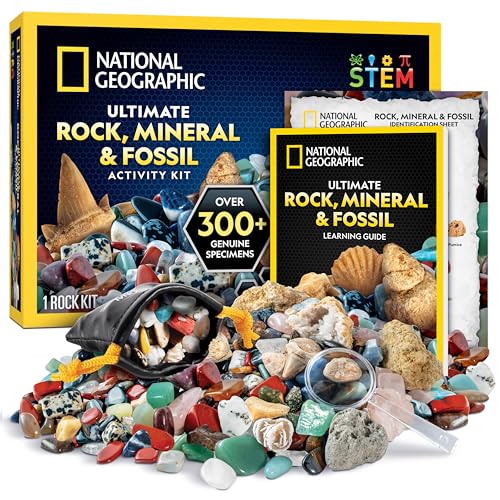 NATIONAL GEOGRAPHIC Edelsteine und Fossilien Set - 300-teiliges Set mit Geoden und Echten Fossilien -Rosenquarz Jaspis Aventurin - Viele Weitere Kristalle und Edelsteine für Kinder von Blue Marble