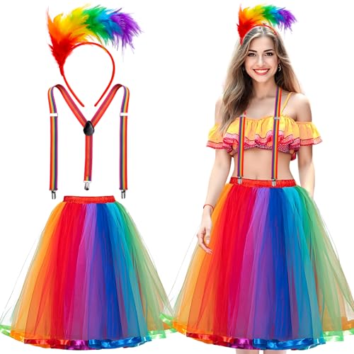 Faschingskostüme Damen Lustig, Karneval Regenbogen Kostüm Damen Große Größen, Regenbogen Tüllrock Damen Lang mit Riemen Und Bunt Feder Haarreif für Kölner Karneval 2025 Clown Kostüm Damen Fasching von Naturas Bouqutis