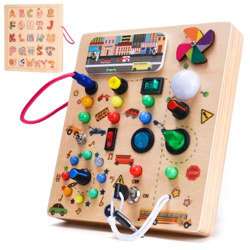 Nauotk Busy Board Montessori Spielzeug für Babys ab 2 Jahr, Motorikspielzeug mit 19 LED, Holzspielzeug Sensorik, Lernspielzeug für Kleinkinder, Geschenk Jungen und Mädch ab 2 3 4 Jahr von Nauotk