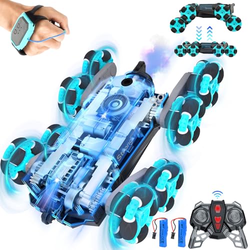 Nauotk Ferngesteuertes Auto ab 6 7 8 9 10 11 12 Jahre, 8WD RC Stunt Drift Car mit Gestensensor, mit Licht und Sprühnebel, 2,4 GHz 2 Akku Spielzeug, für Kinder Junge Mädchen-Rotes (Blauer Krieger) von Nauotk