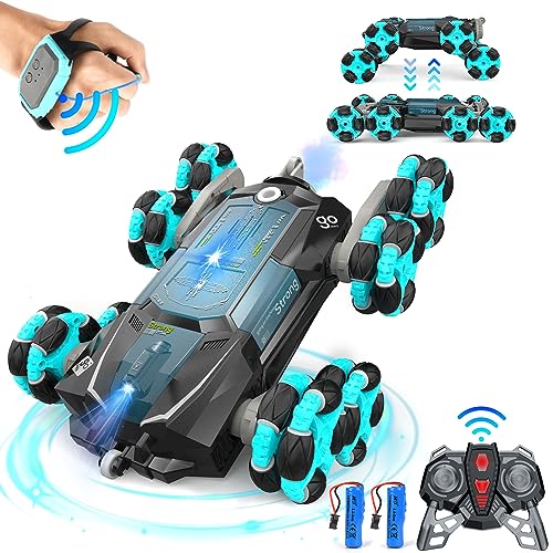 Nauotk Ferngesteuertes Auto ab 6 7 8 9 10 11 12 Jahre, 8WD RC Stunt Drift Car mit Gestensensor, mit Licht und Sprühnebel, 2,4 GHz 2 Akku Spielzeug, für Kinder Junge Mädchen-Rotes (Blauer Krieger) von Nauotk