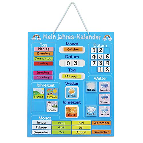 Navaris Kalender Tafel für Kinder - Lerntafel Jahreszeiten Uhr - Magnet Spiel Lernuhr - Kinderkalender Jahreskalender - magnetisch - blau - deutsch von Navaris