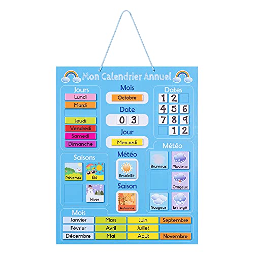 Navaris Kalender Tafel für Kinder - Lerntafel Jahreszeiten Uhr - Magnet Spiel Lernuhr - Kinderkalender Jahreskalender magnetisch blau - französisch von Navaris