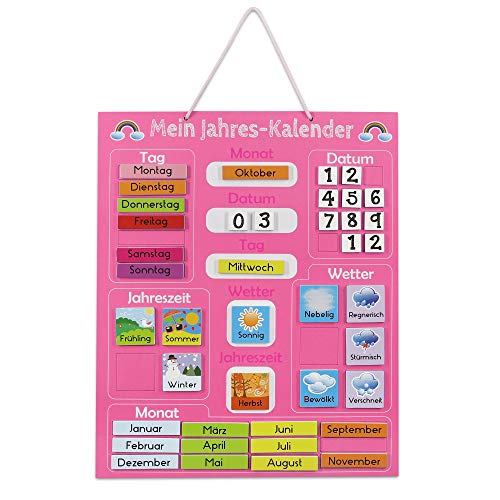 Navaris Kalender Tafel für Kinder - Lerntafel Jahreszeiten Uhr - Magnet Spiel Lernuhr - Kinderkalender Jahreskalender - magnetisch - rosa - deutsch von Navaris