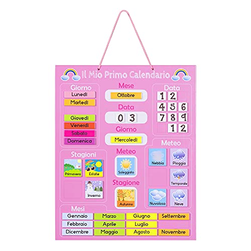 Navaris Kalender Tafel für Kinder - Lerntafel Jahreszeiten Uhr - Magnet Spiel Lernuhr - Kinderkalender Jahreskalender - magnetisch - rosa - italienisch von Navaris