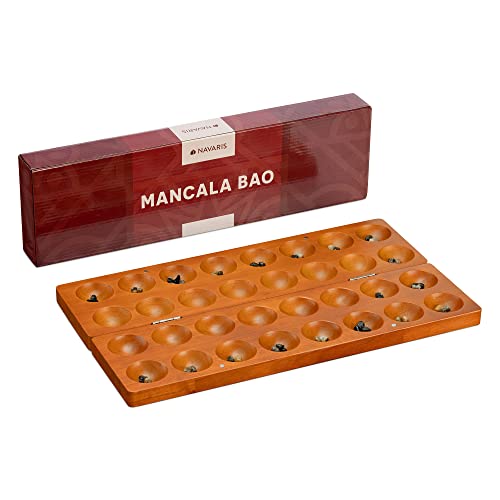 Navaris Mancala Spiel Bao Steinchenspiel aus Holz - Bohnenspiel Strategiespiel Edelsteinspiel - Hus Spiel mit Steinchen - ab 6 Jahren - klappbares Kalaha Brettspiel von Navaris