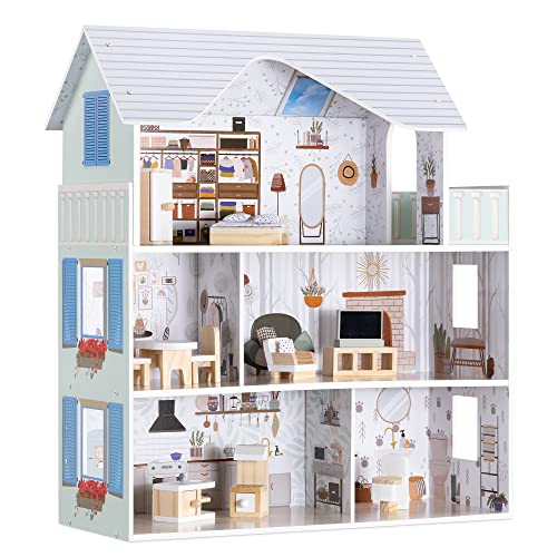 Navaris Puppenhaus aus Holz - inkl. 11x Möbel 4X Zubehör - Puppenhaus ab 3 Jahre - Spielzeug Puppenstube 3 Etagen - 69,5 x 62 x 27 cm - Mädchen und Jungen von Navaris