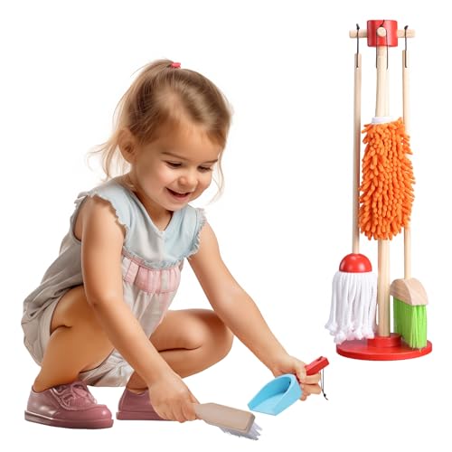 Navaris Putzset für Kinder - Reinigungsspielzeug - Kinder Besen - Kinder Besen Set - Kehrset Kinder - Kinder Wischmop - Holzspielzeug - Reinigungsset Kinder - 5-Teilig von Navaris