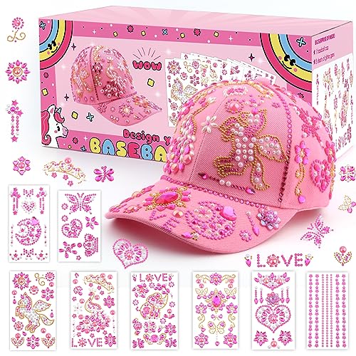 Weihnachts Geschenk für Mädchen DIY Baseballkappe, Kappe Selbst Gestalten mit Edelstein Aufklebern, Xmas Geburtstag Geschenke Mädchen 4 5 6 7 8 9 10 11 12 Jahre, Rosa Baseball Cap Bastelset Kinder von Navdrivl