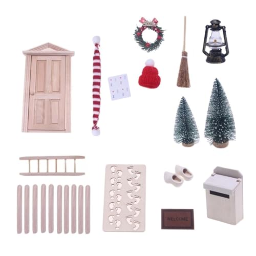 1 Set Puppenhaus Tür Weihnachten Dekor Kranz Holz Möbel Ornament Garten Miniaturszene Modell Pretend Weihnachtsdekorationen für Puppenhaus von Navna