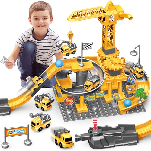 Bau-Spielzeug für 3 4 5 6 7 Jahre alte Jungen: Konstruktionsspielzeug Set Bauklotz Auto-Spielzeug für Kleinkinder - Kran-LKWs, Digger Spielzeug Geschenke für 3 4 5 6 7 Jahre alt Jungen Mädchen von Naxudcoo