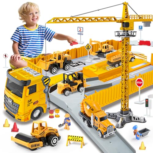 Naxudcoo Baustellenfahrzeuge für 3-7 Jahre alte Jungen Construction Truck Toys Set Kleinkind Auto LKW Spielzeug Kran Bagger Muldenkipper Baufahrzeug Spielzeug für 3 4 5 6 7 Jahre alt Jungen Geschenke von Naxudcoo