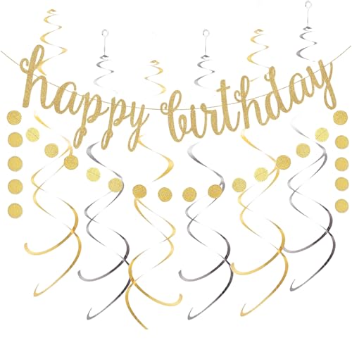 Nayyana 8 Stück Happy Birthday-Banner-Dekorationsset, goldene glitzernde Geburtstagsbanner-Kreis-Punkte-Girlande mit gold-silbernen hängenden Wirbeln für Party-Dekorationszubehör von Nayyana