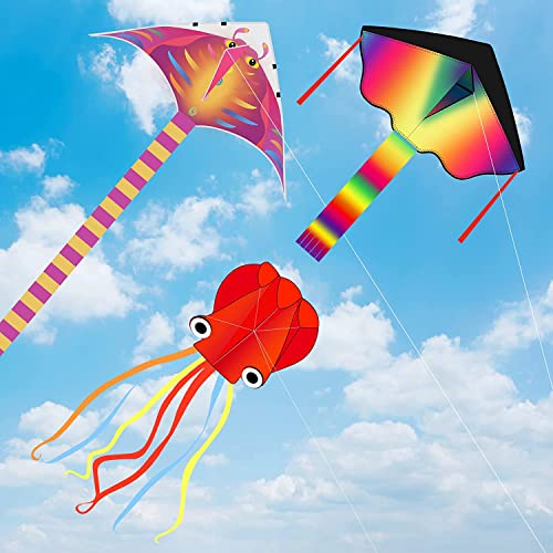 Nazano 3 Pack Kites-Large Rainbow Delta Kite Devil Fish Kite Red Mollusc Oktopus mit langem farbenfrohen Schwanz für Kinder Erwachsene Outdoor-Spiel Aktivitäten von Nazano