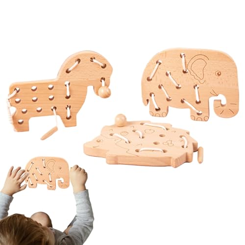 Nbbwwu Fädelspielzeug für Kinder,Fädelspielzeug für Kinder,3er-Set Spitzenblockpuzzle - Holzform-Schnürspielzeug, pädagogische Fädel-Aktivitätspuzzles mit Seil für Feinmotorik von Nbbwwu