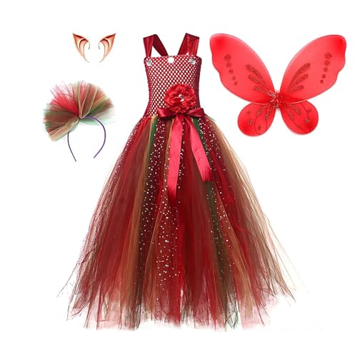 Nbbwwu Feenkostüm für Kinder, Feenkostüm-Set für Mädchen - Feen Outfit Cosplay Prinzessin Kleid - Partykleid mit Zauberstab-Stirnohren, verkleiden Sie sich als Feenflügel-Kostüm von Nbbwwu