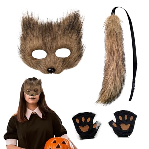 Nbbwwu Fuchs Kostüm für Mädchen - Halloween Cosplay Zubehör - Halloween Katzenschwanz Gesichtsmaske Pfotenhandschuhe Set - für Party Feier Event Maskenball Convention Karneval Festtage Erwachsene Nbbwwu Fuchs Kostüm für Mädchen - Halloween Cosplay Zubehör - Halloween Katzenschwanz Gesichtsmaske Pfotenhandschuhe Set - für Party Feier Event Maskenball Convention Karneval Festtage Erwachsene von Nbbwwu