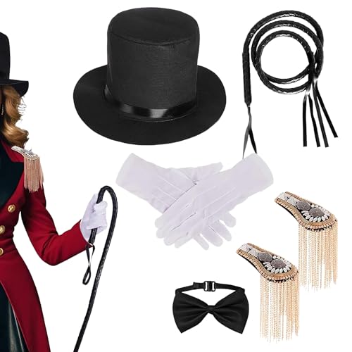 Nbbwwu Zirkus-Kostüm-Zubehör für Damen, Zylinder-Epaulett-Set, Fliege, Handschuhe, Peitsche, Epauletten, Hut für Damen, Herren, Cosplay, Themen-Events, Partys, Zirkuszubehör Nbbwwu Zirkus-Kostüm-Zubehör für Damen, Zylinder-Epaulett-Set, Fliege, Handschuhe, Peitsche, Epauletten, Hut für Damen, Herren, Cosplay, Themen-Events, Partys, Zirkuszubehör von Nbbwwu