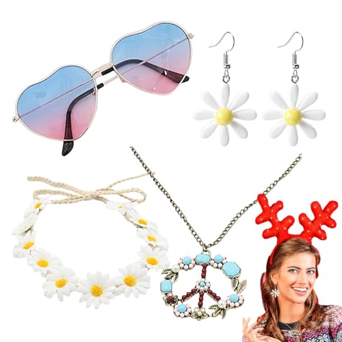 Hippie-Accessoires für Frauen der 70er Jahre, Hippie-Kostüm-Zubehör-Set – 4 Stück/Set Party-Dekorationen der 70er Jahre, Hippie-Sonnenbrillen-Kostüm-Zubehör, Dekorationen von Nbhuiakl