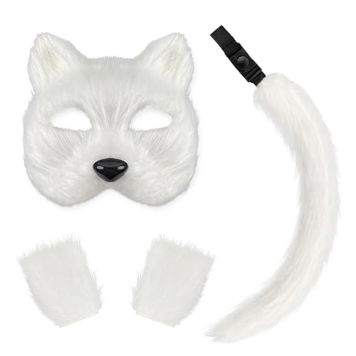 Nbhuiakl Katzenkostüm für Tiere | Set aus Maske und Schwanz für Mädchen | Set mit Handschuhen, Schwanz und Wolfspfote, Fuchs-Maske, Cosplay, Wolfsschwanz, Cosplay-Kostüm von Nbhuiakl