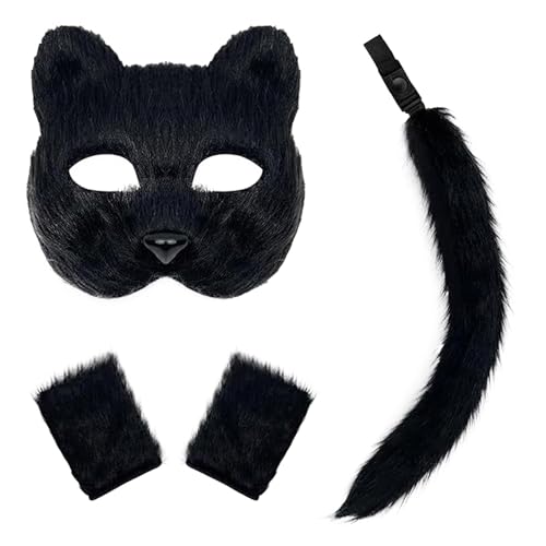 Nbhuiakl Katzenkostüm für Tiere | Set aus Maske und Schwanz für Mädchen | Set mit Handschuhen, Schwanz und Wolfspfote, Fuchs-Maske, Cosplay, Wolfsschwanz, Cosplay-Kostüm von Nbhuiakl