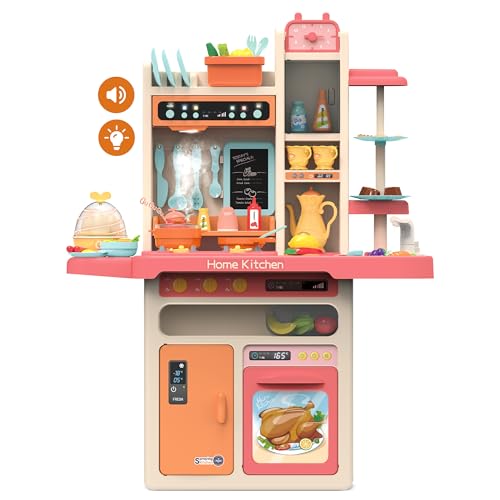 Neatki 65-teiliges Kinder-Spielküchen-Set mit funktionierendem Wasserhahn, Dampf, Lichtern, Geräuschen und einer Vielzahl von Küchenzubehör, Spielen Sie & Lernspielzeug für Kinder ab 3 Jahren (Pink) von Neatki