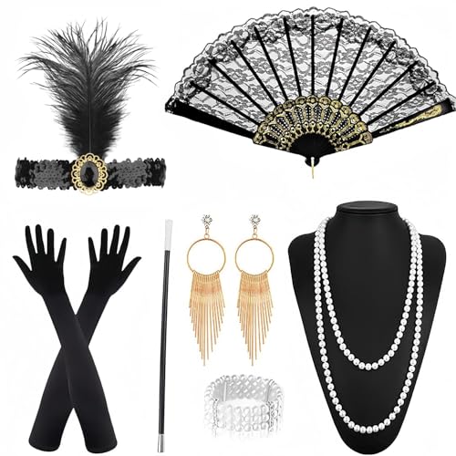 NebulaGlam 20er Jahre Accessoires, 7 Teiliges Great Gatsby Party Kostüme Accessoires Damen, Charleston Accessoires Damen 1920 Zubehör Set für Halloween Weihnachten Carnaval von NebulaGlam