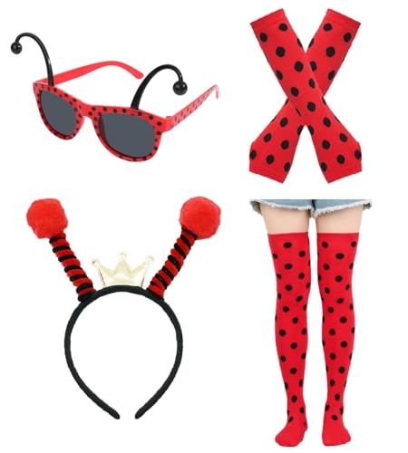 NebulaGlam 4 Stück Marienkäfer Kostüm Damen Mädchen Erwachsen, Marienkäfer Haarreif Marienkäfer Brille Marienkäfer Fingerlose Handschuhe Lady Bug Socken Fasching Karneval von NebulaGlam