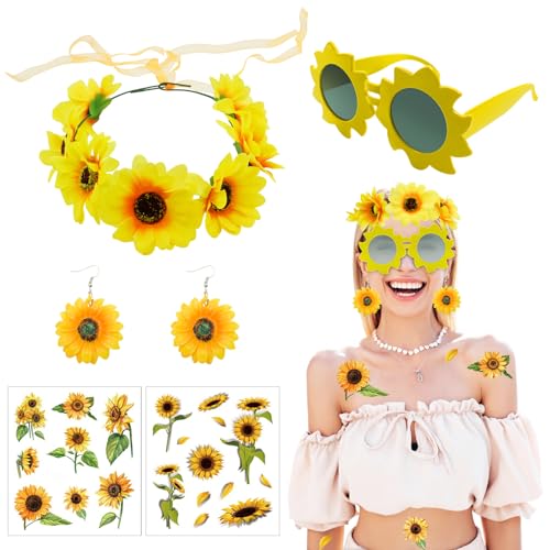 NebulaGlam 4 Stück Sonnenblumen Kostüm Zubehör, Stirnband Sonnenblumen Haarschmuck Haarreif Sonnenblume Sonnenbrille Ohrringe Tattoos für Fasching Karneval Kostüm Damen Karnevalskostüm Zubehör von NebulaGlam