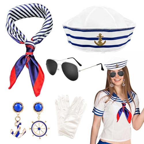 NebulaGlam 5 Stück Frauen Matrosen Kostüm Set, Matrosenmütze Sonnenbrille Quadratisches Set Ohrringe Handschuhe, Marine Outfit, Kapitänsmütze Seemann Kapitän für Damen Yacht Party Cosplay Karneval von NebulaGlam