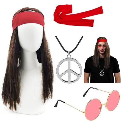 NebulaGlam 5-Teiliges Hippie Kostüm Set, Hippie Kostüm Damen Herren, Männer Karneval Fasching Perücke, Perücke + Rotes Haarband + Brille + Halskette + Ring 70er 80er Jahre Karneval Themenparty von NebulaGlam