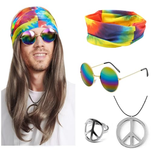 NebulaGlam 5-Teiliges Hippie Kostüm Set, Perücke + Bunte Haarband + Brille + Halskette + Ring, Hippie Kostüm Damen Herren, Männer Karneval Fasching Perücke, 70er 80er Jahre Karneval Themenparty von NebulaGlam