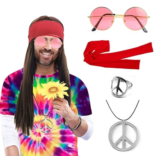 NebulaGlam 5-Teiliges Hippie Kostüm Set, Perücke + Rotes Haarband + Brille + Halskette + Ring, Hippie Kostüm Damen Herren, Männer Karneval Fasching Perücke, 70er 80er Jahre Karneval Themenparty von NebulaGlam