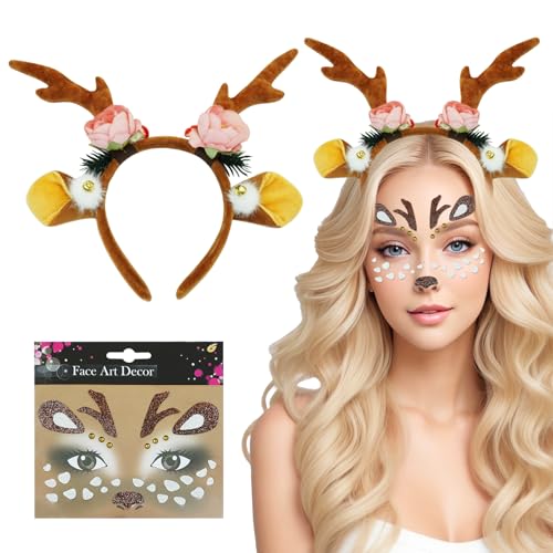 NebulaGlam Haarreif Reh Geweih Hörner Rehohren + Reh Gesichtstattoo, Karneval Kostüm Damen Mädchen, Damen Kinder Reh kostüm Kopfschmuck Haarreifen Fasching Mottoparty Halloween Kostüm von NebulaGlam