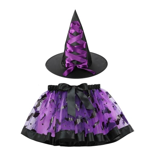 NebulaGlam Halloween Kinder Hexenkleid mit Hexenhut, Kinder Tutu Hexenkostüm, Cosplay Hexe Kinder Mädchen für Halloween Party Maskerade Karneval (Lila) von NebulaGlam