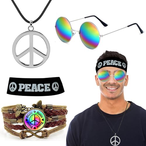 NebulaGlam Hippie Kostüm Set, 4 Stück Hippie Kleidung Herren Accessoires, 60er 70er Jahre Bekleidung, Friedenszeichen Halsketten, Kopfbedeckungen, Brillen, Armbänder (Herren) von NebulaGlam