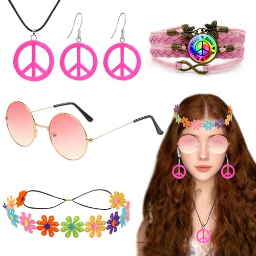 NebulaGlam Hippie Kostüm Set, 5 Stück Hippie Kleidung Damen Accessoires, 60er 70er Jahre Bekleidung, Friedenszeichen Halsketten, Kopfbedeckungen, Brillen, Armbänder, Ohrringe (Damen) von NebulaGlam